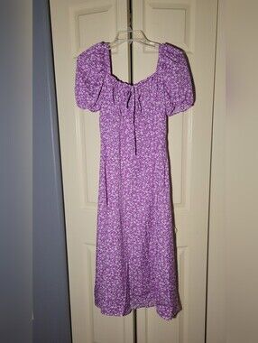 Purple Floral Puff-Sleeve Mid-Shin Dress